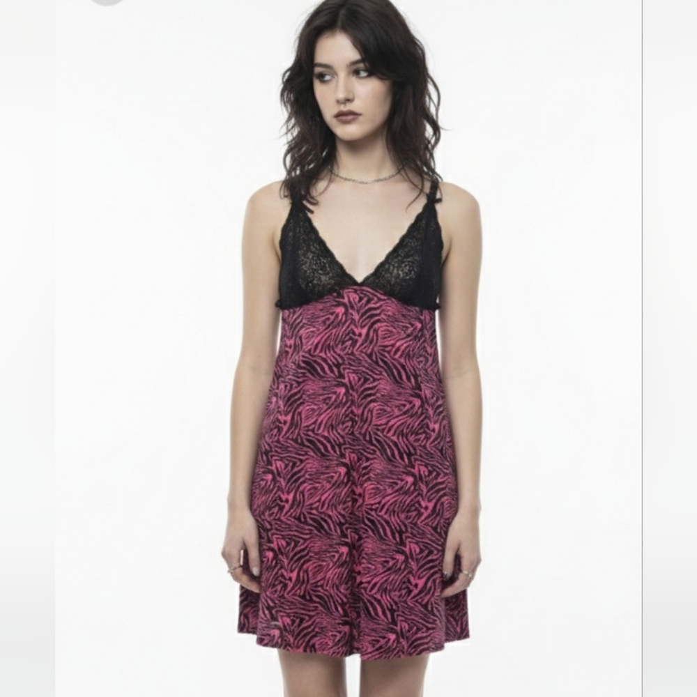 Nick & Sarah Y2K Babydoll Slip Dress Zebra Lace Pink Black Goth Fairy L